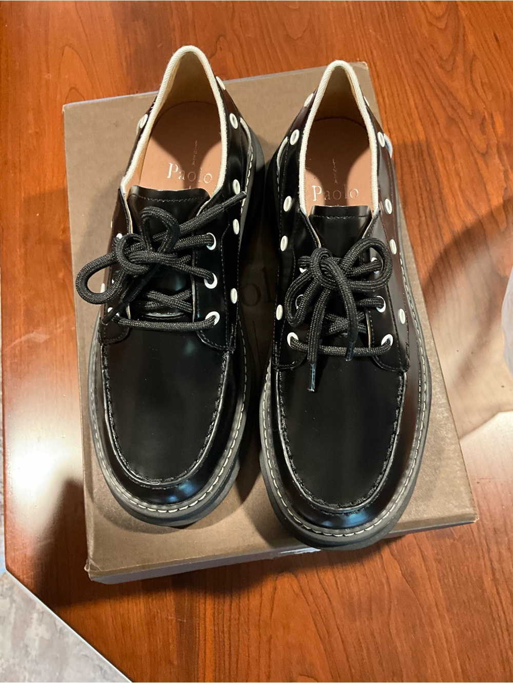 NEW Linea Paolo Black Leather Loafers with White Eyelet Trim
